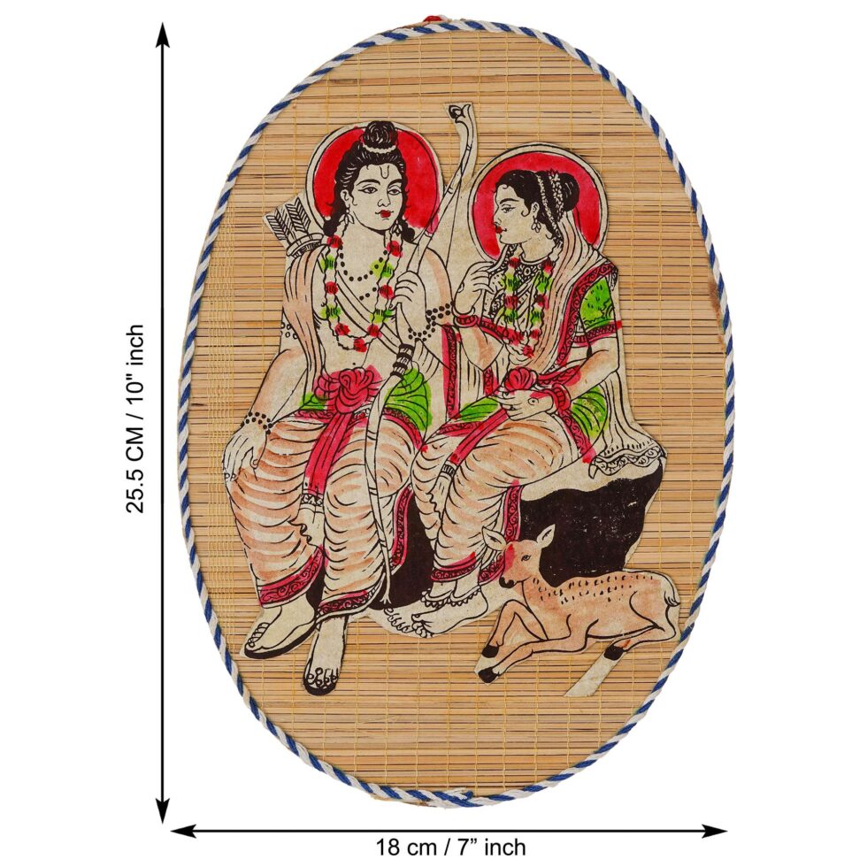 Handmade bamboo wall hanging with Lord Ram and Sita artwork, traditional Diwali festive home decor