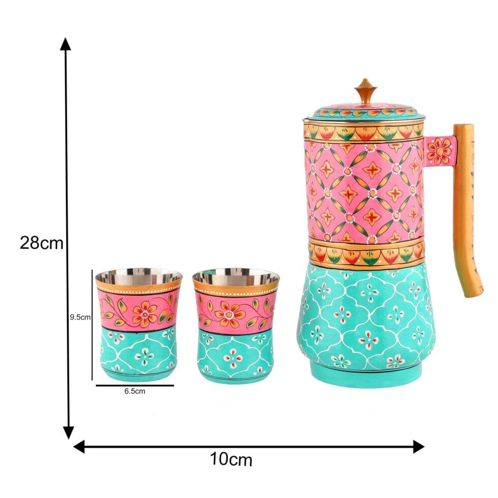Hand-painted stainless steel jug and tumbler set with traditional Indian floral art design