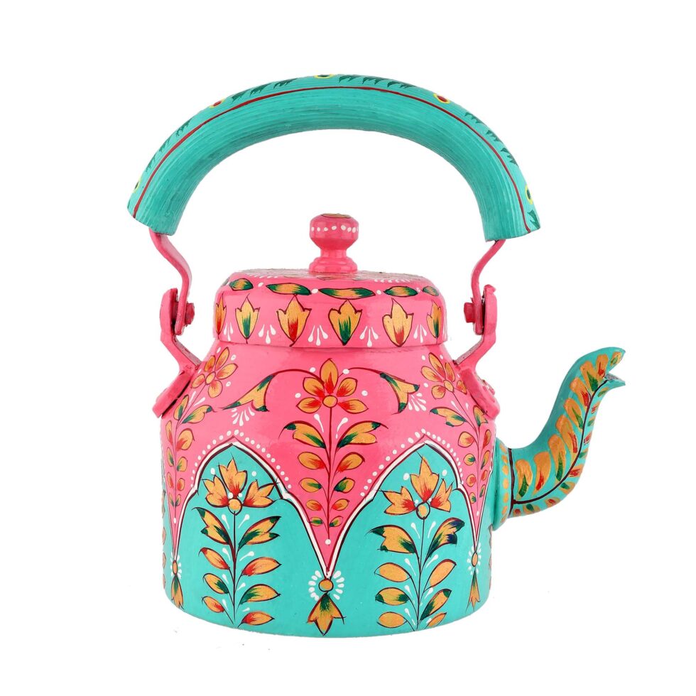 Colorful enamel-painted steel tea kettle featuring traditional Rajasthani patterns