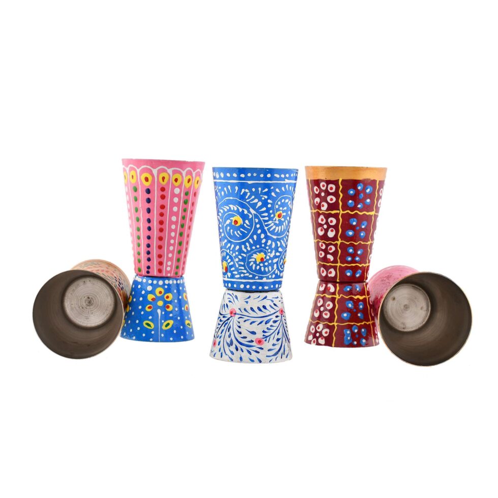 Hand-painted stainless steel glass set with traditional Indian folk art design