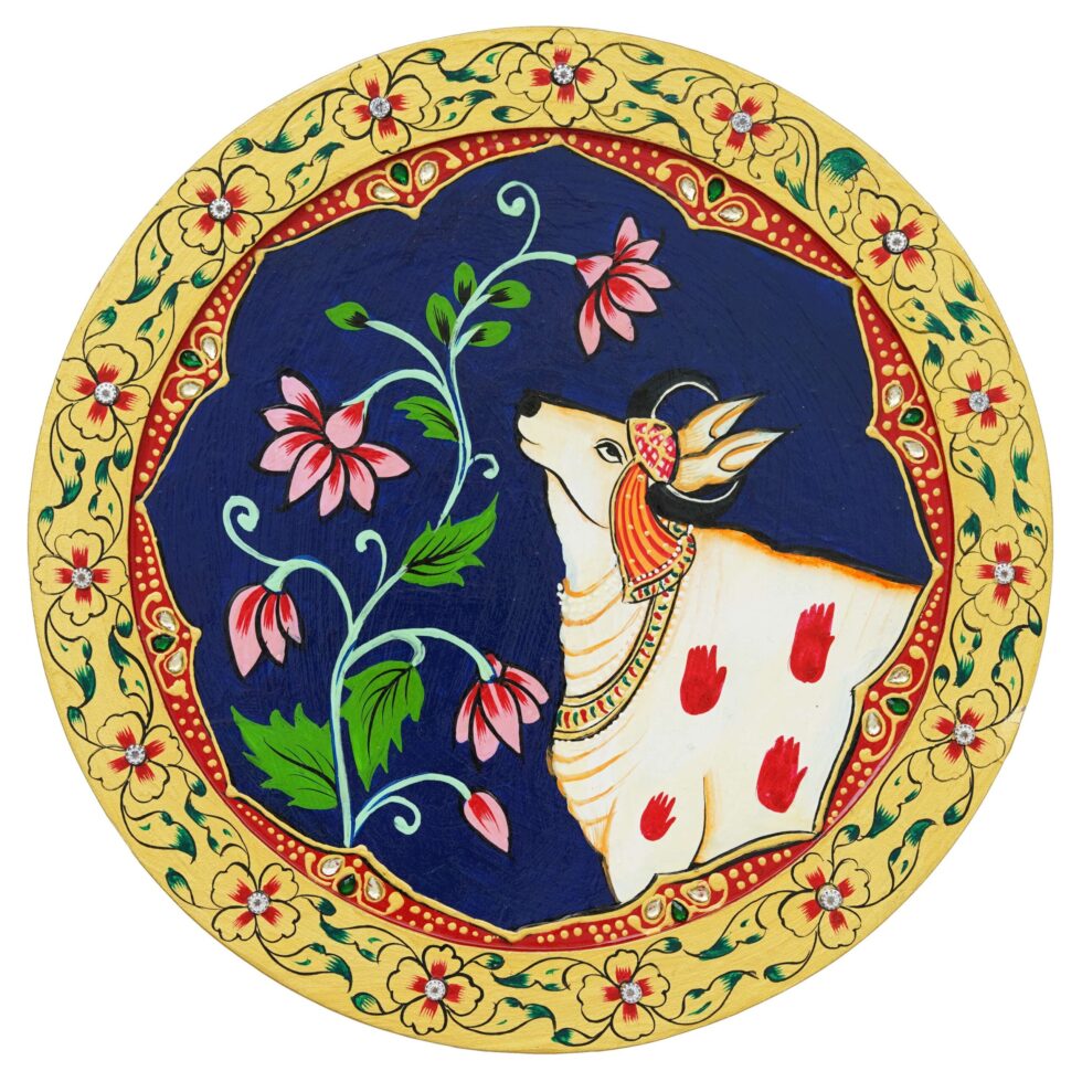 Beautiful cow and flower digital wall painting – cultural Indian art decor for rustic home interiors.