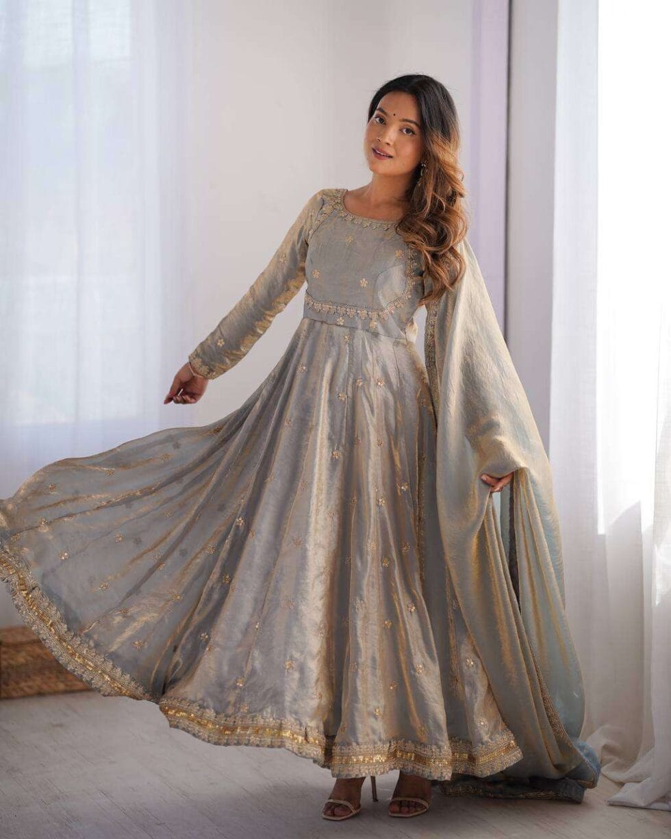 Women's Fandy Silk Coding with Sequnce work Long Anarkali Kurti Gown With Dupatta - AllHandmadeGoods