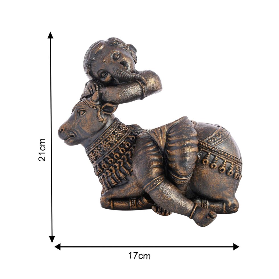 Handcrafted brass Lord Ganesha resting on Nandi statue, traditional Diwali festive home decor