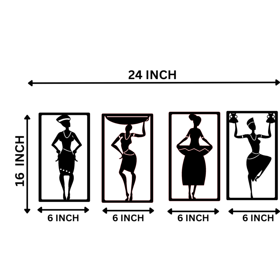 Black 3D metal artwork featuring traditional African women designs.