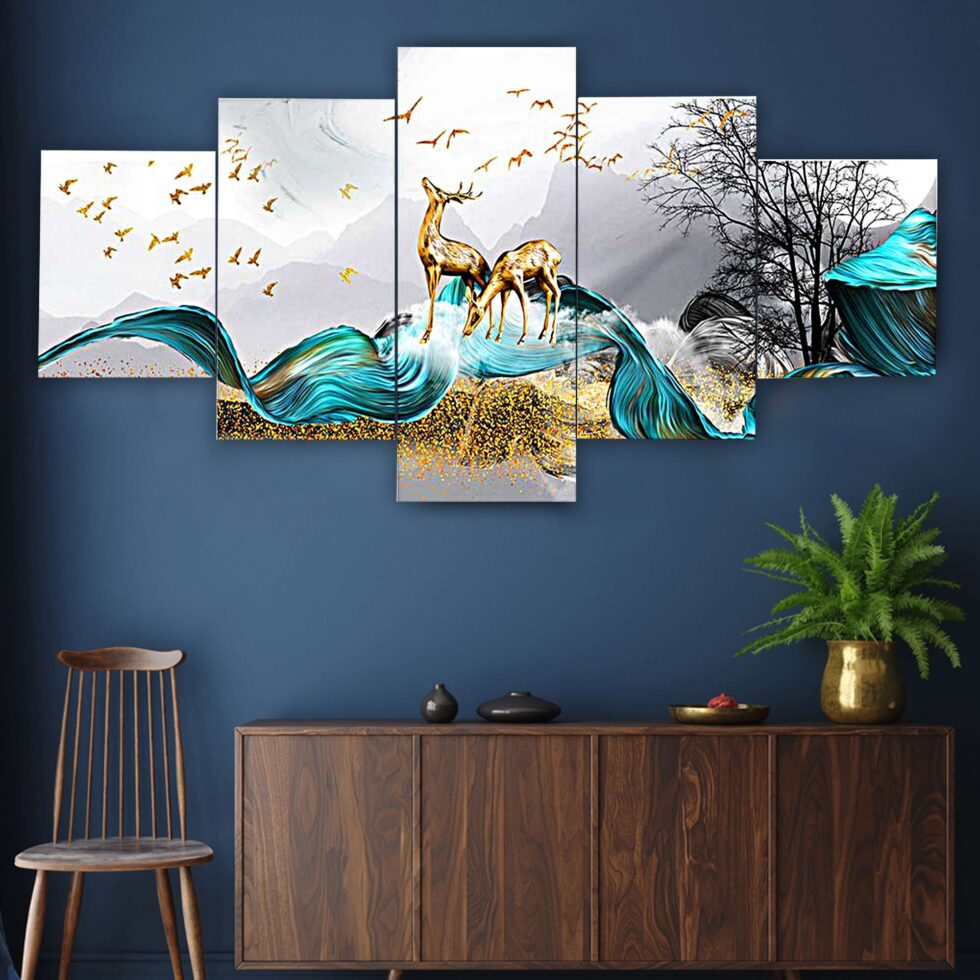 Modern abstract digital canvas painting of deer and blue waves – premium wall decor for bedroom or office.