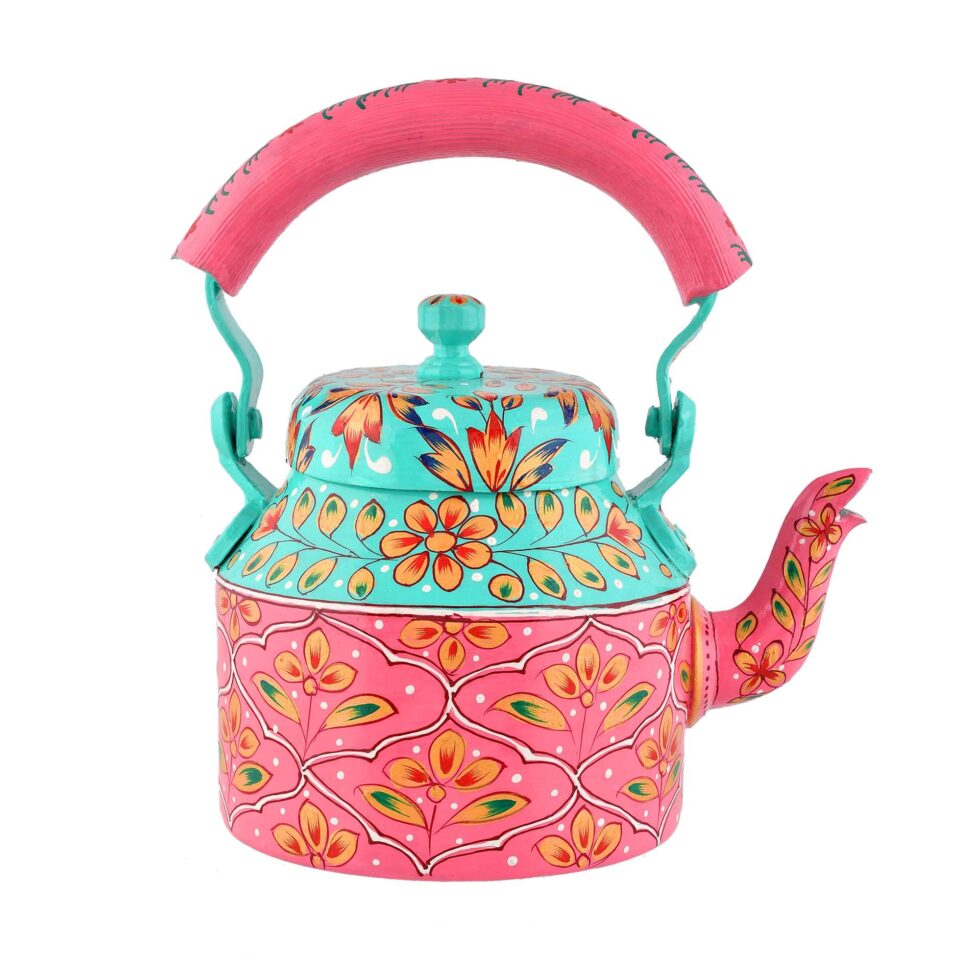 Colorful enamel-painted steel tea kettle featuring vibrant traditional patterns