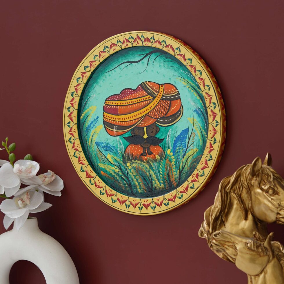 Traditional Rajasthani man digital wall painting with turban – ethnic Indian art decor for living room.