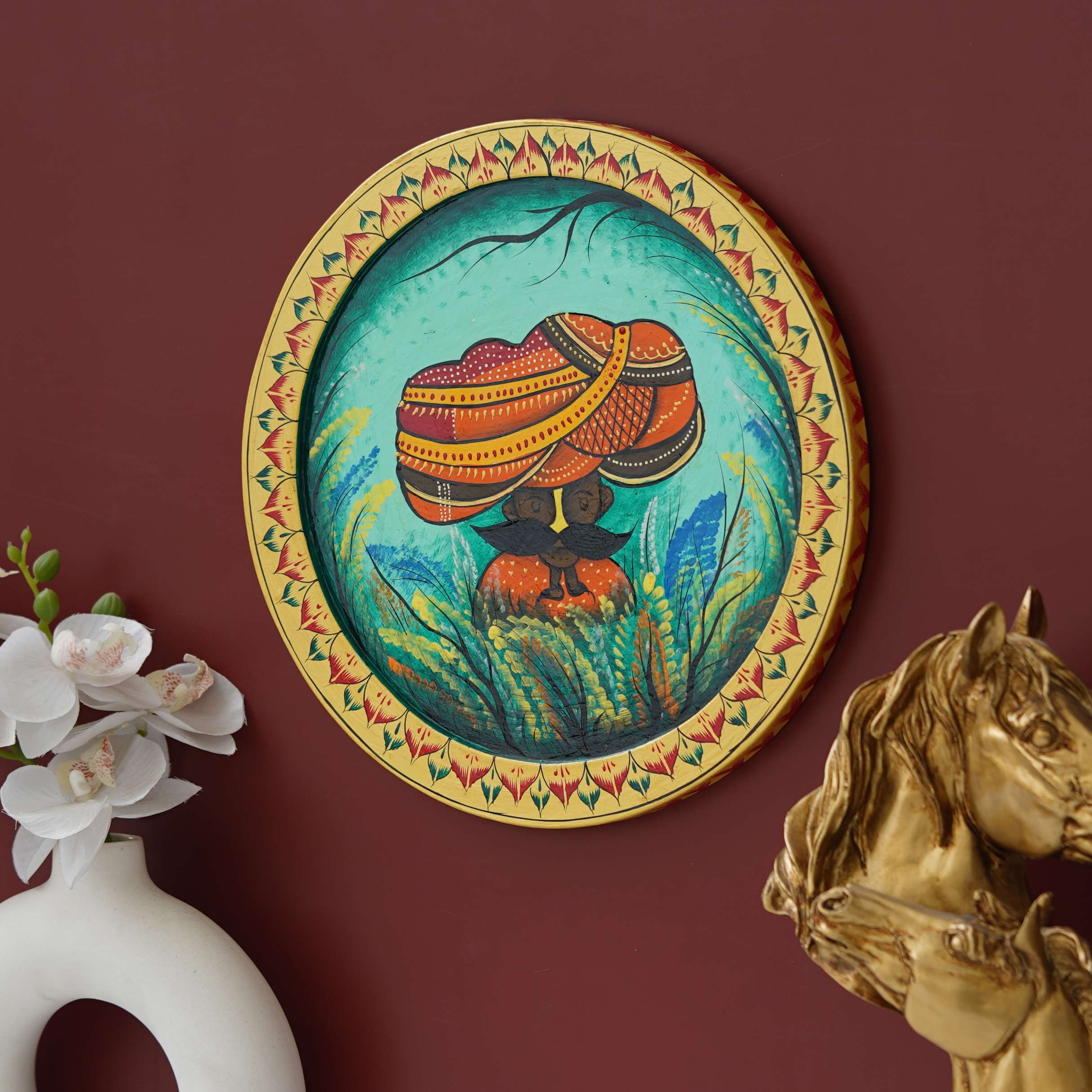 Traditional Rajasthani man digital wall painting with turban – ethnic Indian art decor for living room.