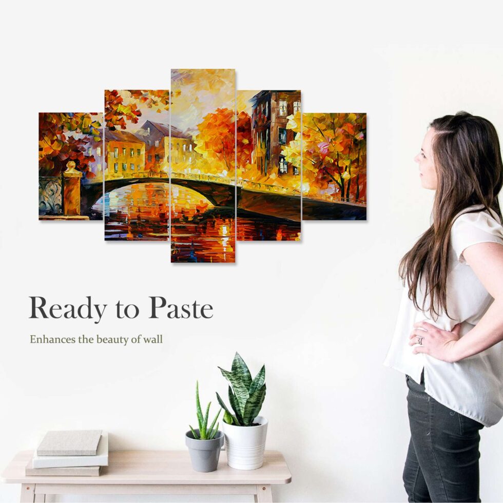 Colorful autumn cityscape digital wall painting with bridge reflection – modern art decor for living room.