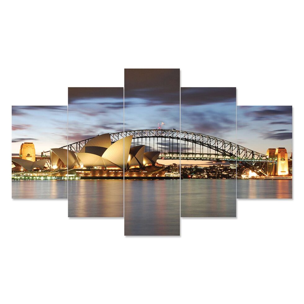 Illuminated Sydney skyline digital canvas painting – elegant modern wall decor for bedroom or gifting.